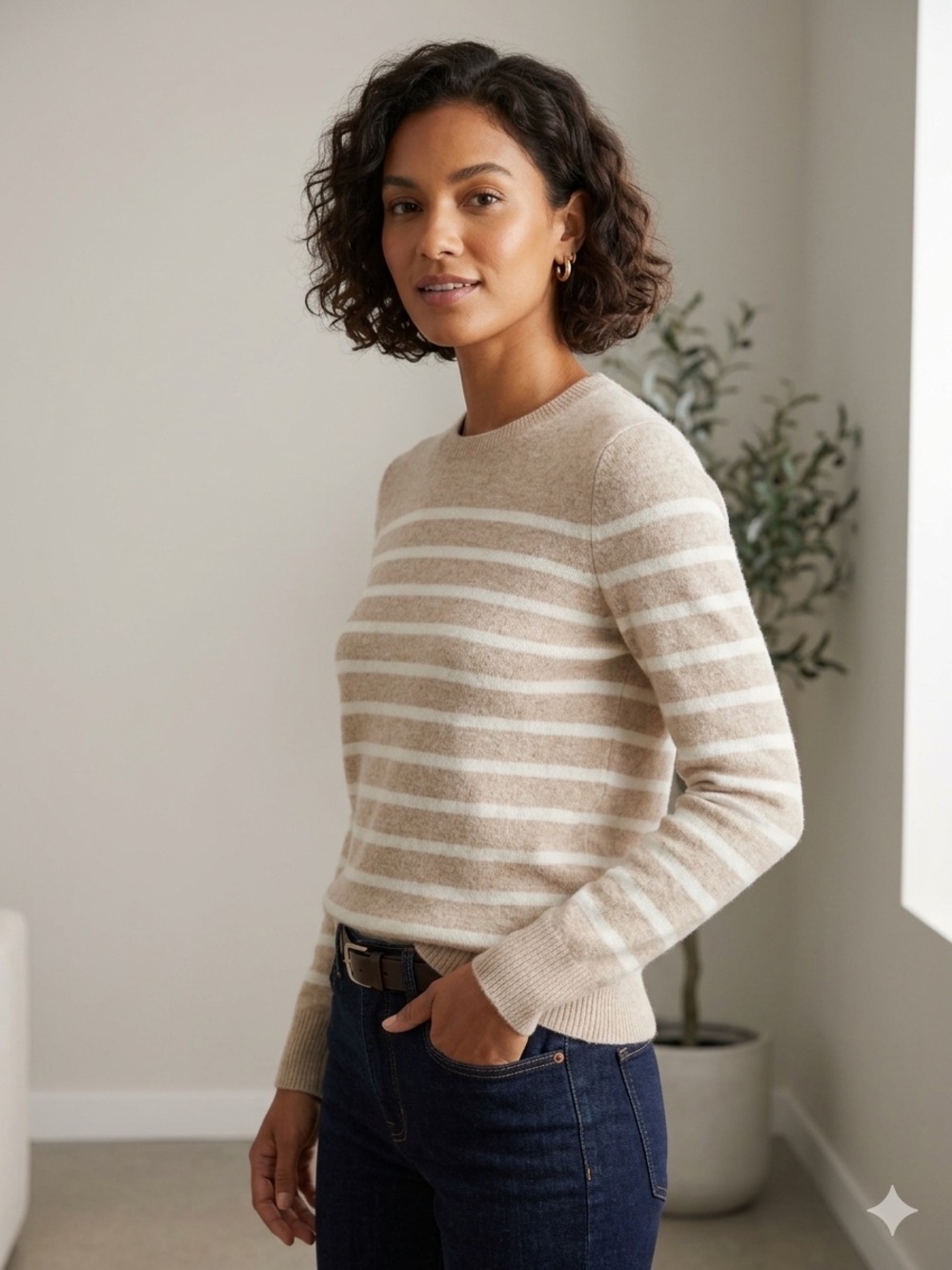Quince 100% Cashmere Beige/White Striped Crew Neck Long Sleeve Sweater S